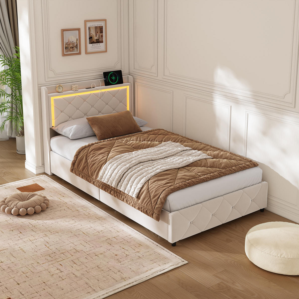 POLSTERBETT 90x200cm -Lumina-Rest- mit LED & Ladefunktion – Samt Beige - Beige, Textil (90/200cm) - DELFA