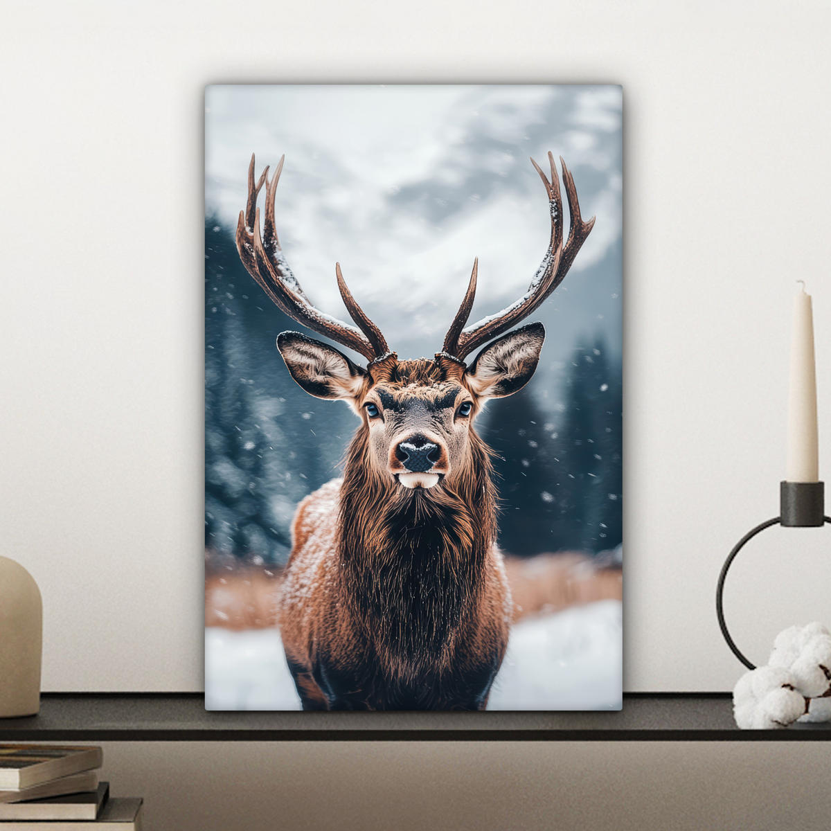 LEINWANDBILD Hirsche - Tiere - Landschaft - Winter - Schnee 20x30 cm - Kastanienfarben, Textil (20/30cm) - MuchoWow