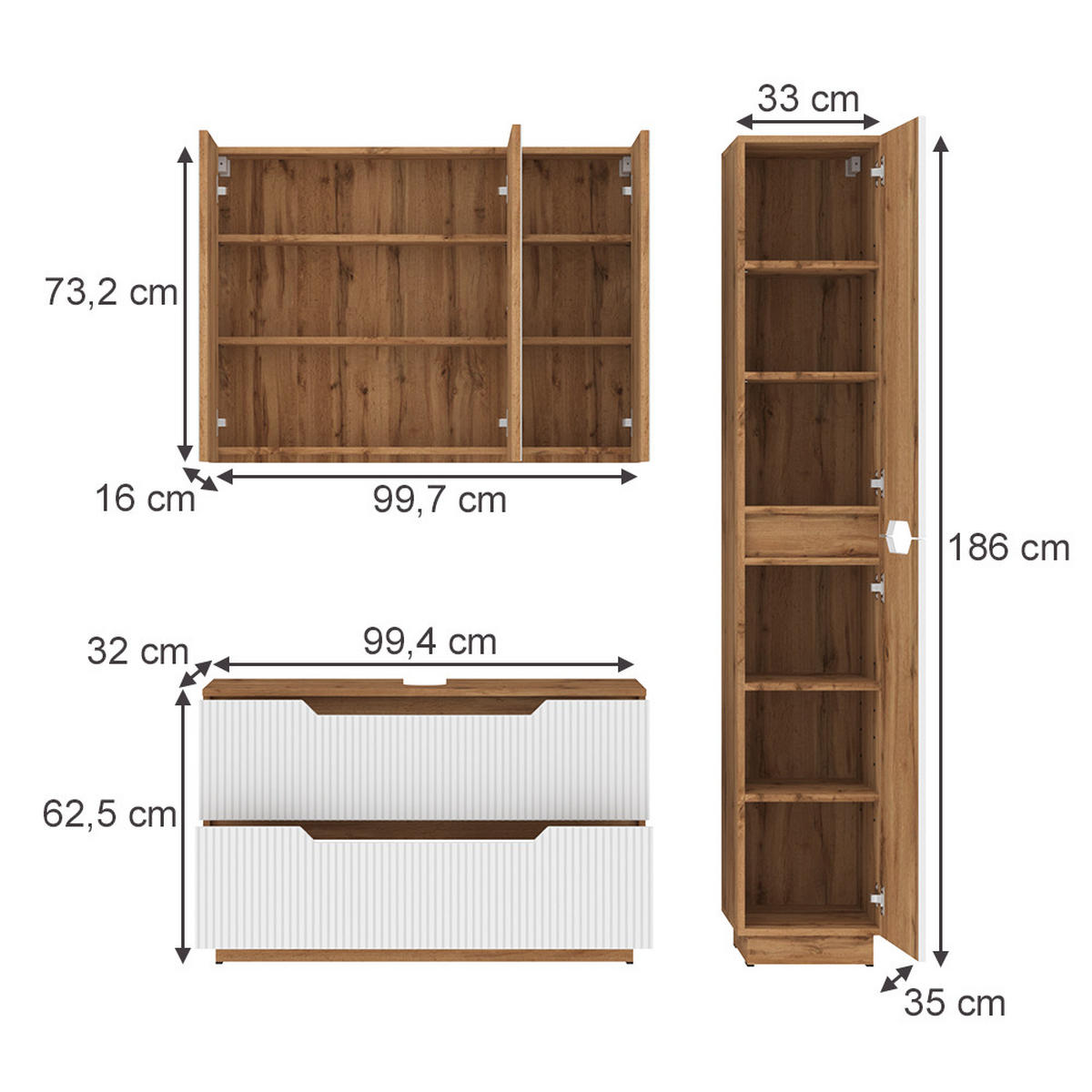BADMÖBEL-SET Lotta Eiche/weiß gestreift 3 Teile - Eichefarben/Weiß, Holzwerkstoff (99.4/62.5/32cm) - Vicco
