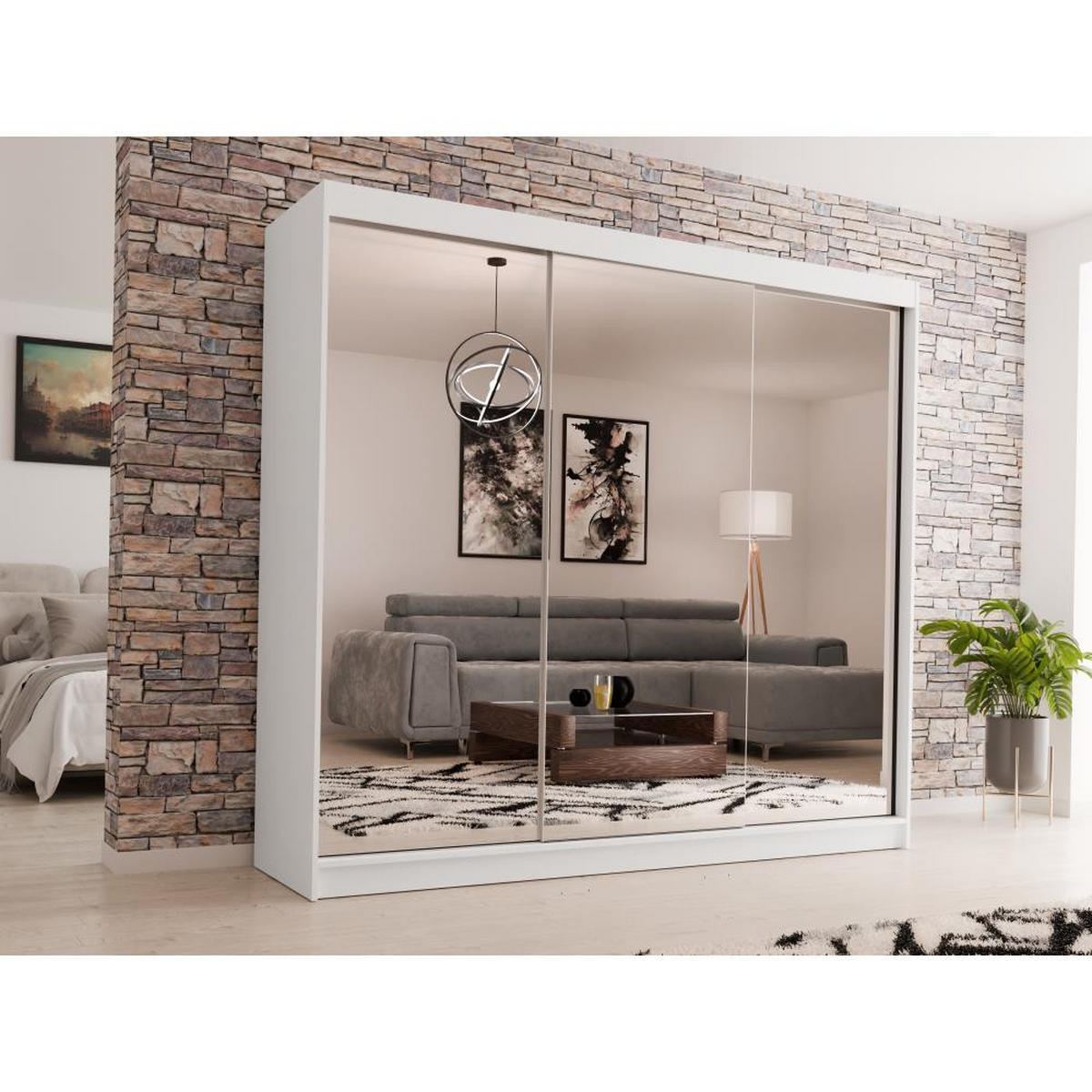 SCHWEBETÜRENSCHRANK Debra 240/216/61 weiß mit Spiegel und Schubladen - Weiß, Holzwerkstoff (240/216/61cm) - Beautysofa