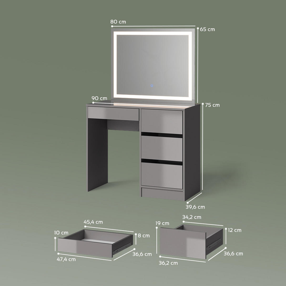SCHMINKTISCH-SET Imola Grau mit LED-Spiegel - Grau, Holzwerkstoff (90/75/40cm) - Livinity®