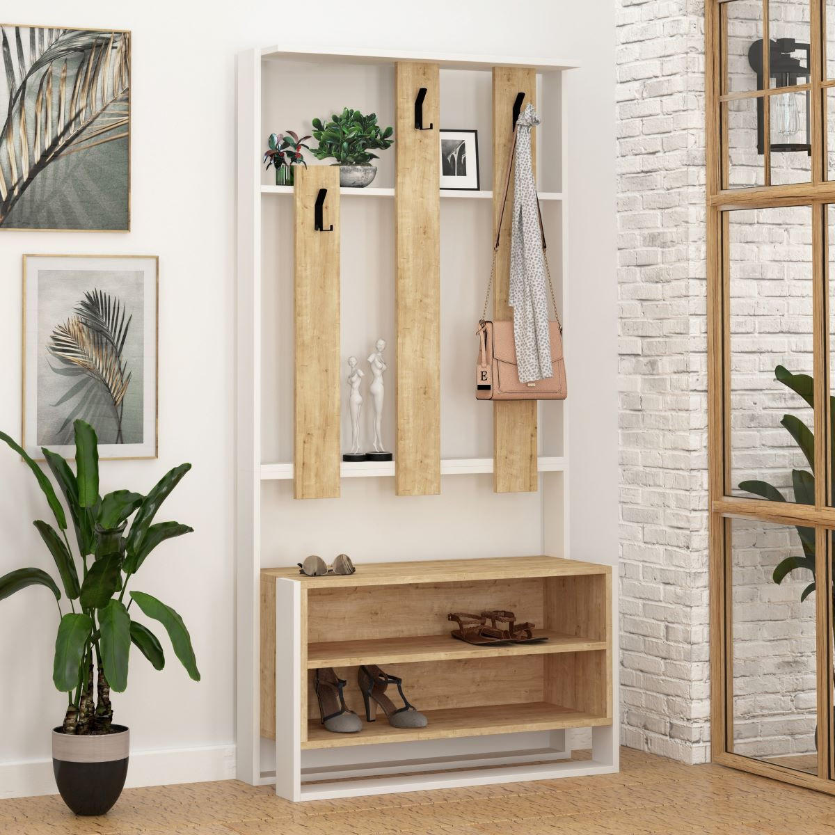 EINGANGSMÖBEL mit 3 Regalen und 3 Haken für Kleiderbügel H180 cm - Chester - Eichefarben, Holzwerkstoff (36/180/90cm) - Calicosy