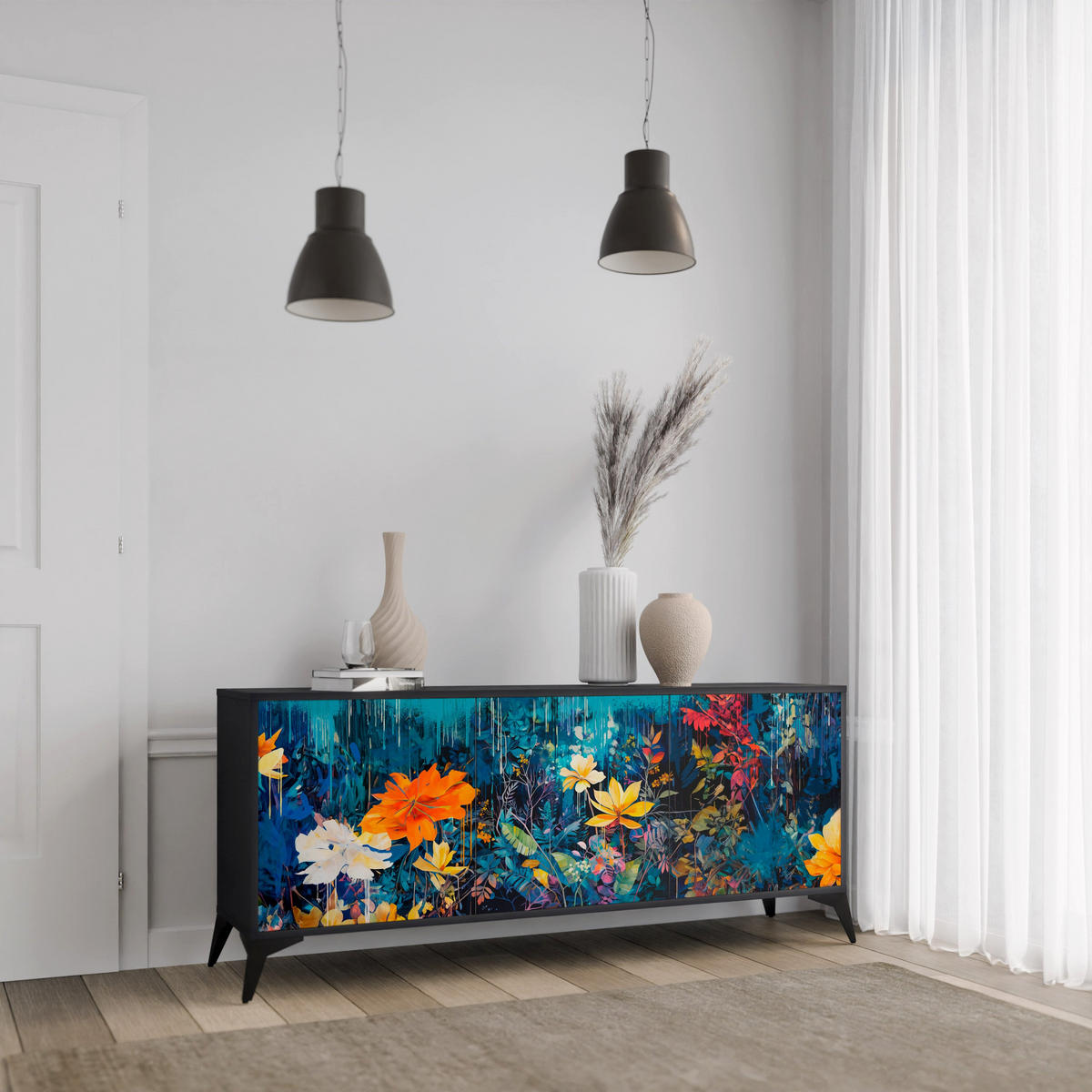 SIDEBOARD MIDNIGHT BLOSSOM, Eicheneffekt, 164,5x42x77,5 cm, 3 Türen - Eichefarben/Buchefarben, Holzwerkstoff/Buchenholz (164.5/77.5/42cm) - SpaceRebels