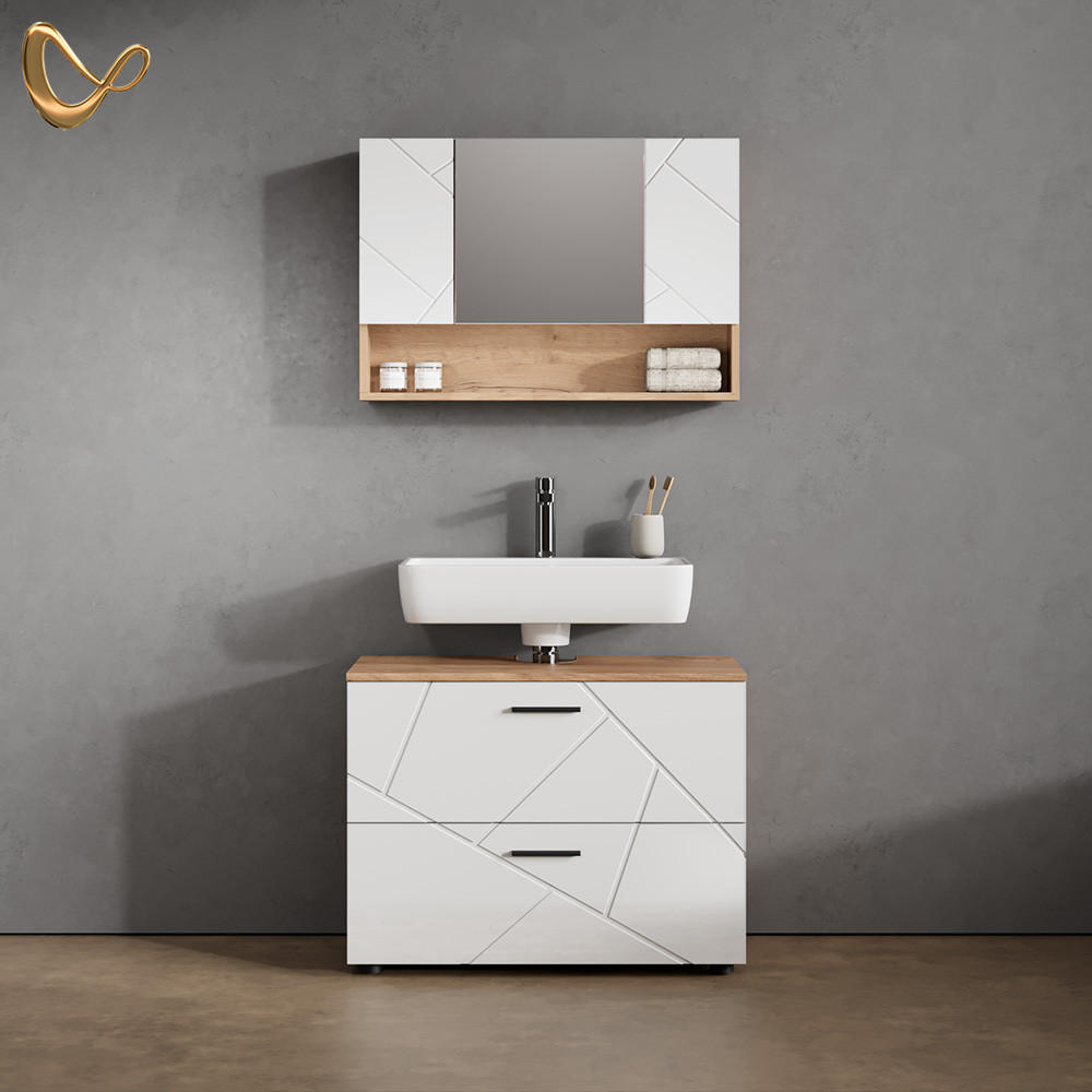 BADMÖBEL-SET Ronco Weiß Hochglanz/Goldkraft Eiche 2 Teile, Unterschrank 80 cm - Honigeiche/Weiß Hochglanz, Holzwerkstoff (80/58/41cm) - Livinity®