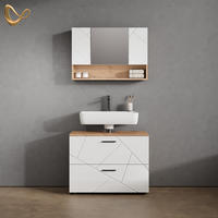 BADMÖBEL-SET Ronco Weiß Hochglanz/Goldkraft Eiche 2 Teile, Unterschrank 80 cm - Honigeiche/Weiß Hochglanz, Holzwerkstoff (80/58/41cm) - Livinity®