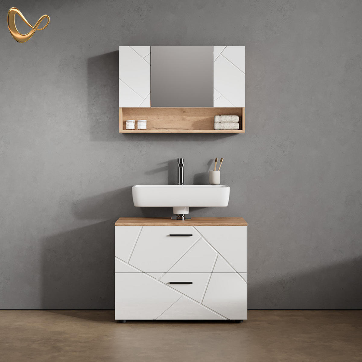 BADMÖBEL-SET Ronco Weiß Hochglanz/Goldkraft Eiche 2 Teile, Unterschrank 80 cm - Honigeiche/Weiß Hochglanz, Holzwerkstoff (80/58/41cm) - Livinity®