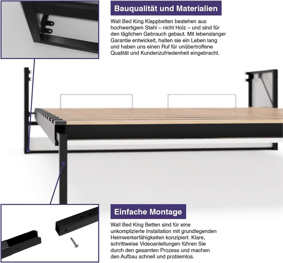 WANDBETT Murphy Studio 160x200 Vertikal, mit Gasdruckfeder-Mechanismus - Brombeere/Graphitfarben, Holzwerkstoff/Metall (160/200cm) - WallBedKing