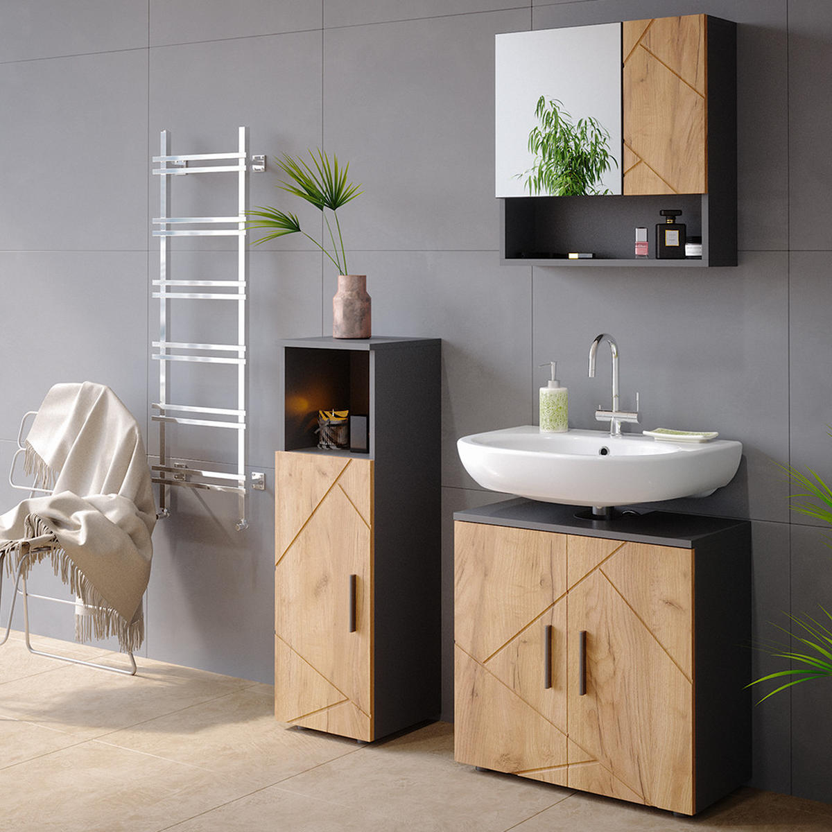 MIDISCHRANK Irma Goldkraft Eiche 30 x 95 cm - Anthrazit/Eiche Wotan, Holzwerkstoff (30/95/30cm) - Vicco