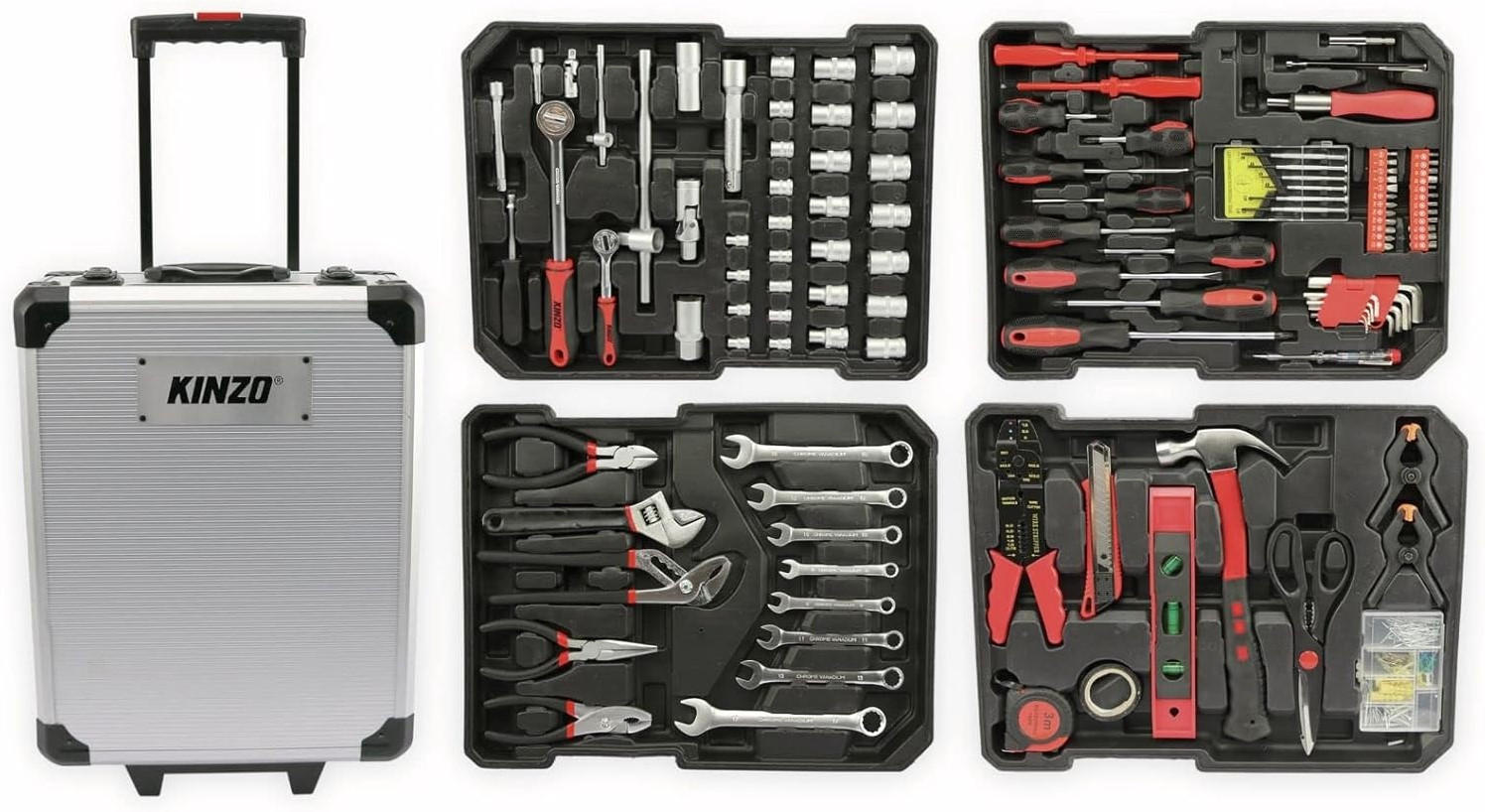 WERKZEUGSET – 187-teiliges All-in-One Heimwerker Set mit Aluminium-Trolley, Robustes CR-V Werkzeug für Reparaturen, Wartung & DIY - Silberfarben/Schwarz, Metall (36/18/46cm) - Kinzo