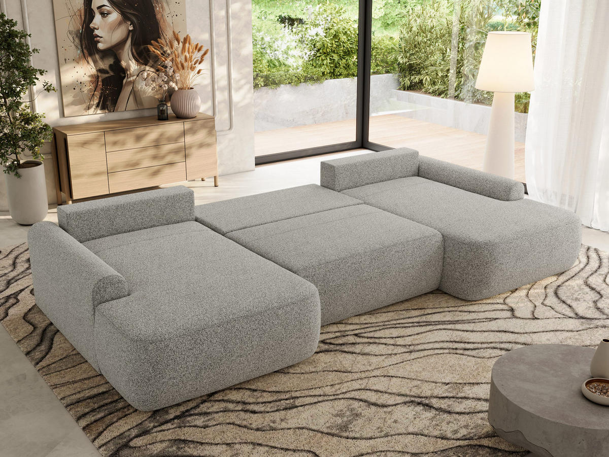 WOHNLANDSCHAFT CUBO U Hellgrau Struktur - Hellgrau/Schwarz, Kunststoff/Textil (370/100/187cm) - MKS