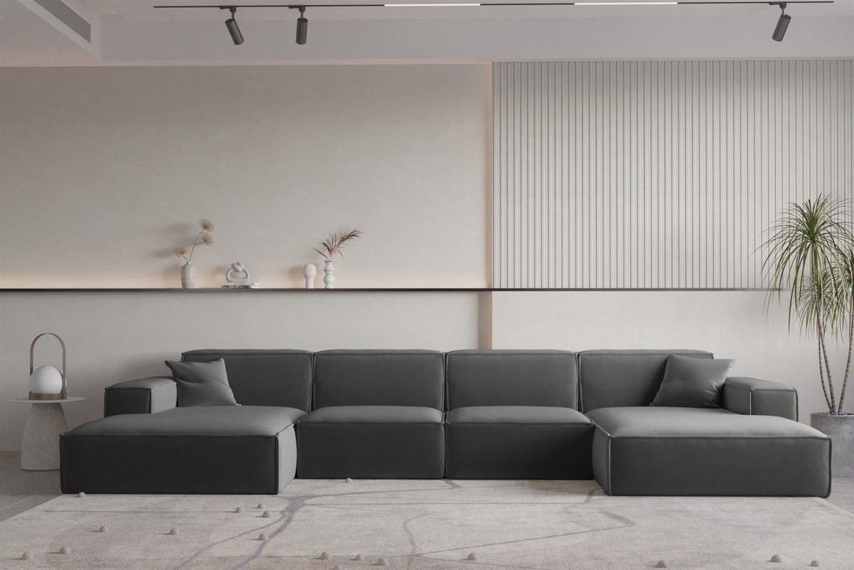 WOHNLANDSCHAFT Celes Premium Opera - Dunkelgrau, Holzwerkstoff/Textil (379/73/165cm) - Fun Möbel