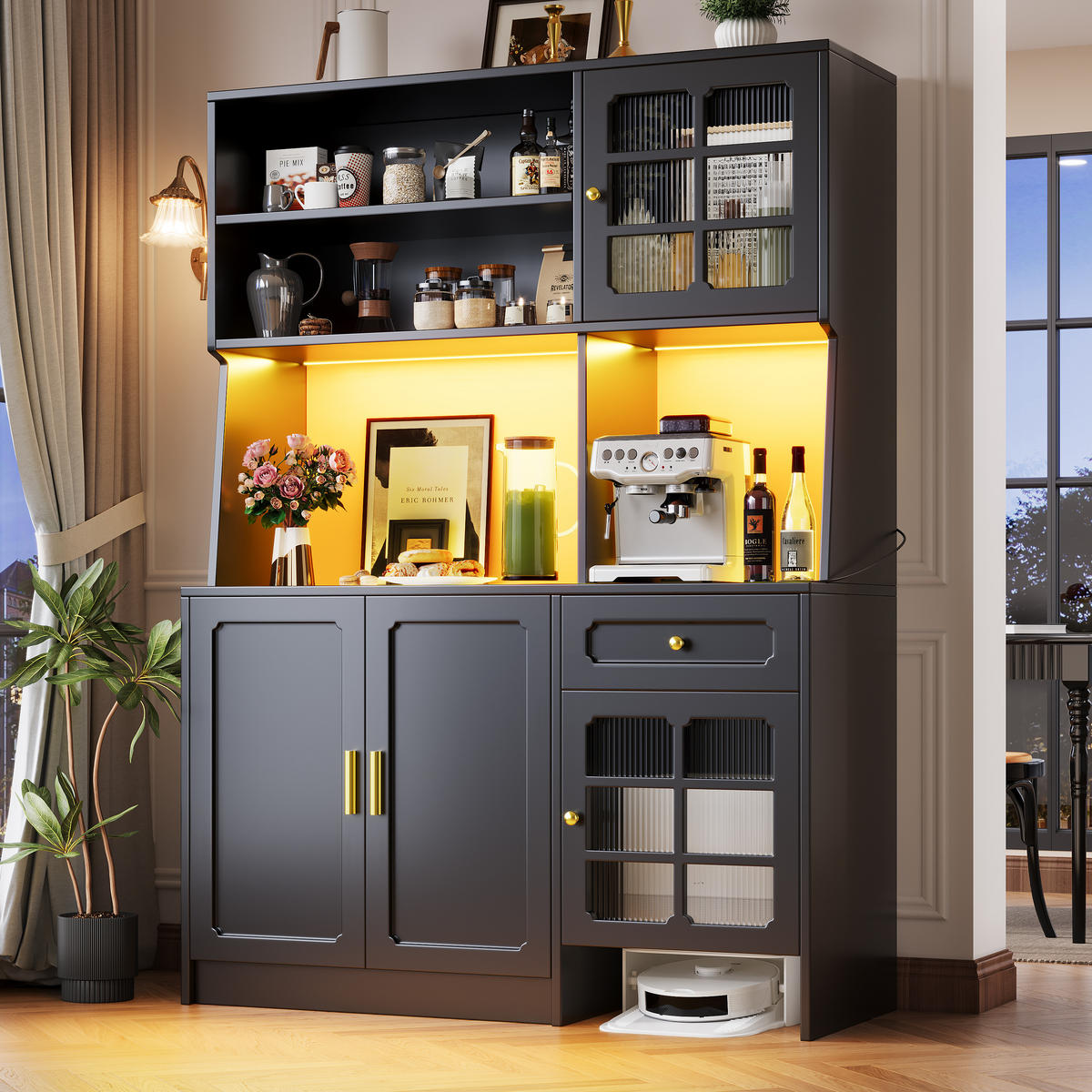 GESCHIRRSCHRANK aus MDF 130x45x180cm in Schwarz mit LED - Schwarz, Holzwerkstoff (130/180/45cm) - Modfu