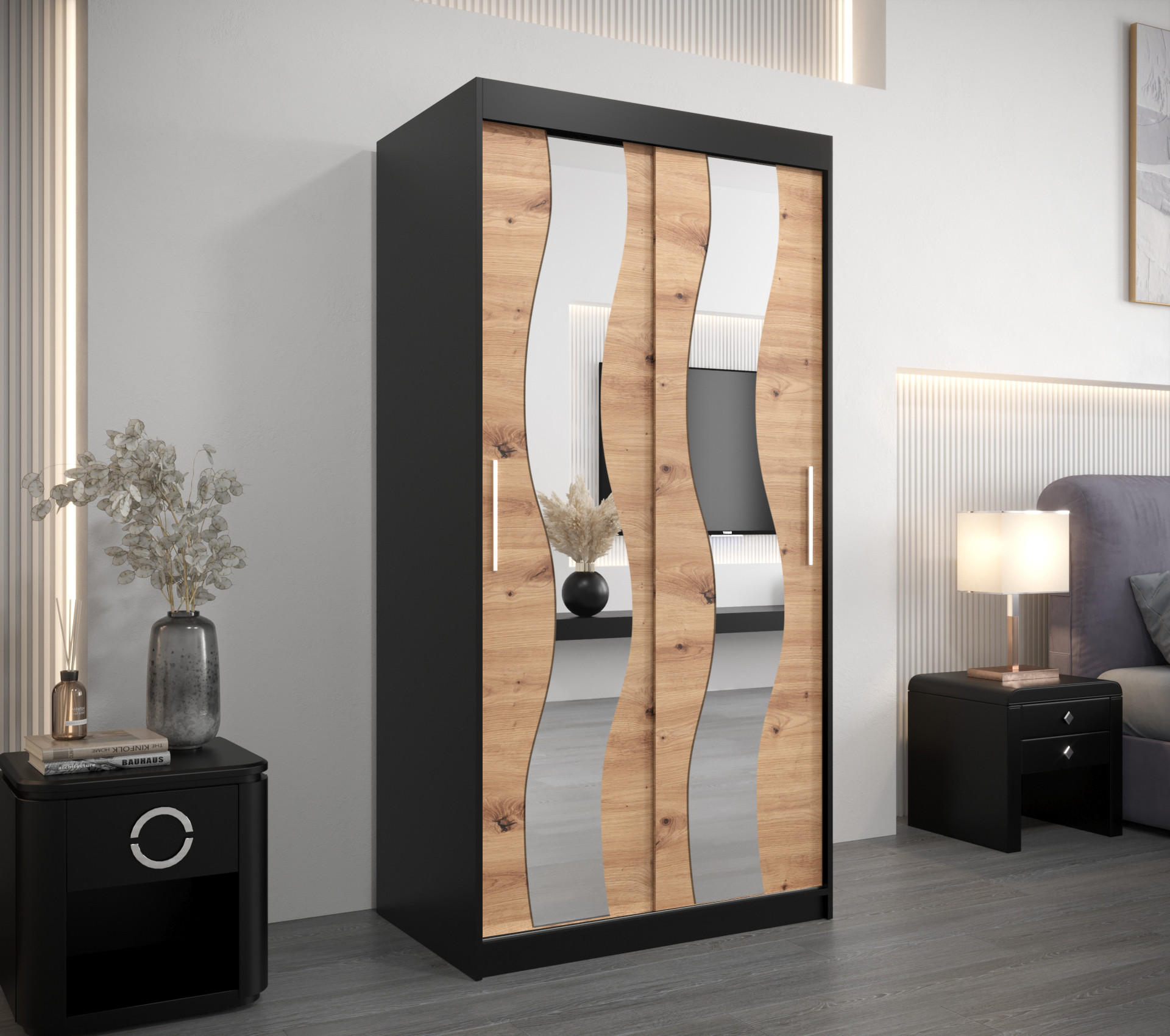 SCHWEBETÜRENSCHRANK 200/100/62 2-türig - Silberfarben/Schwarz, Holz/Kunststoff (100/200/62cm) - Abiks Möbel