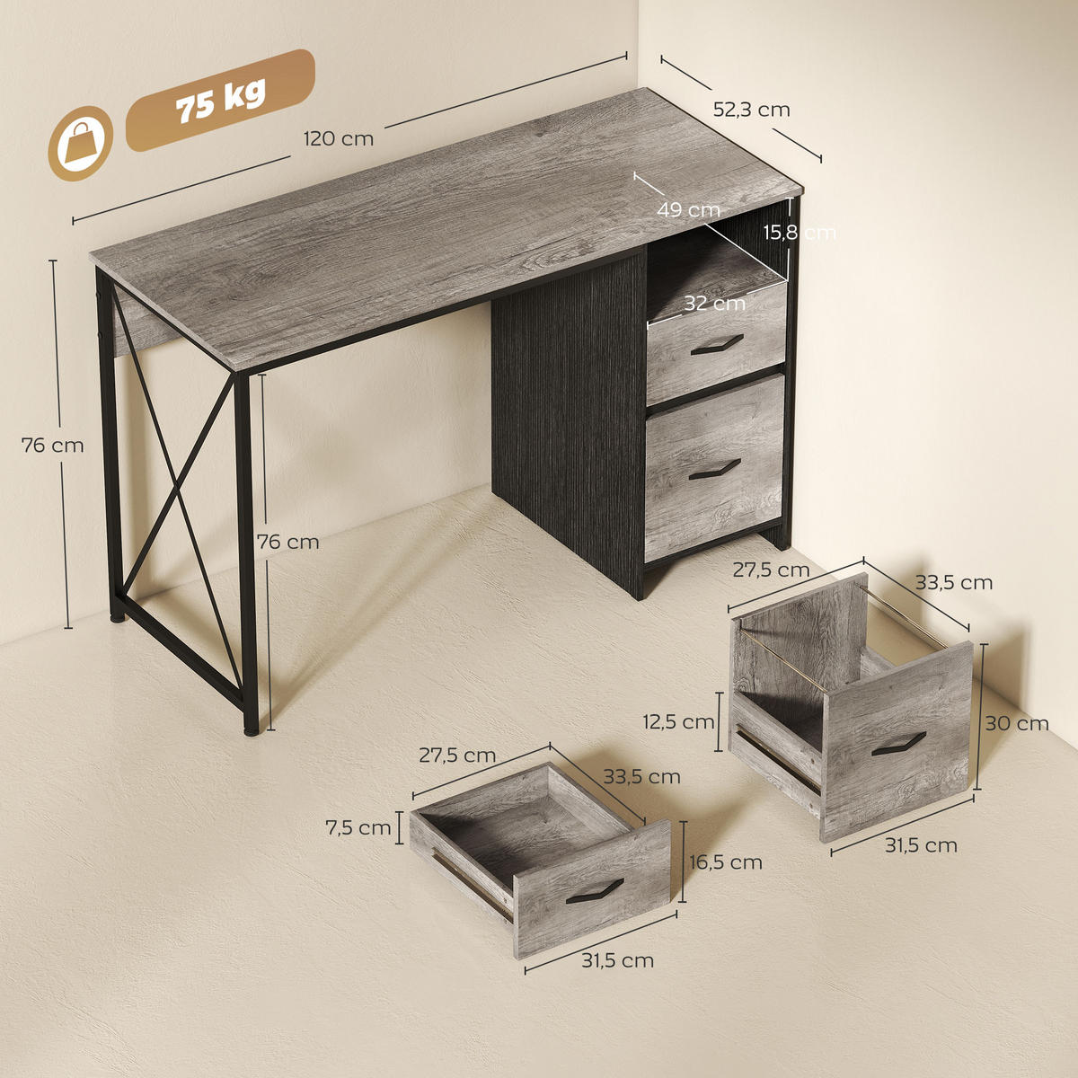 BÜROTISCH Hellgrau 1 Stück - Hellgrau, Holzwerkstoff (50/120/76cm) - GiPP