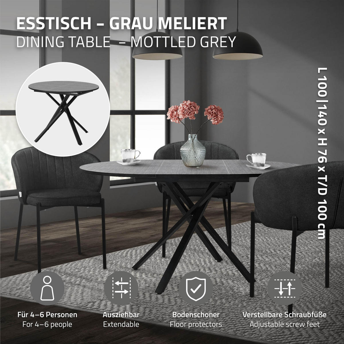 ESSTISCH ausziehbar rund Grau meliert 100-140x76x100 cm - Schwarz/Grau, Holzwerkstoff/Metall (69/69/76cm) - ML-DESIGN