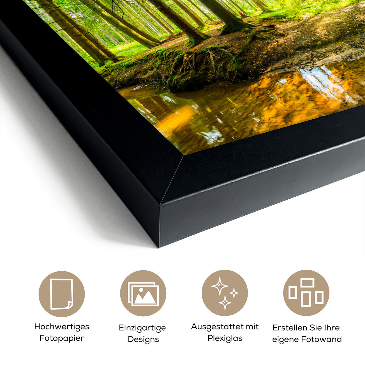 POSTER MIT RAHMENGERAHMTES BILD Wald - Landschaft - Wasser - Bäume - Sonne - Grün - Natur 30x20 cm - Grün, Papier (30/20cm) - MuchoWow