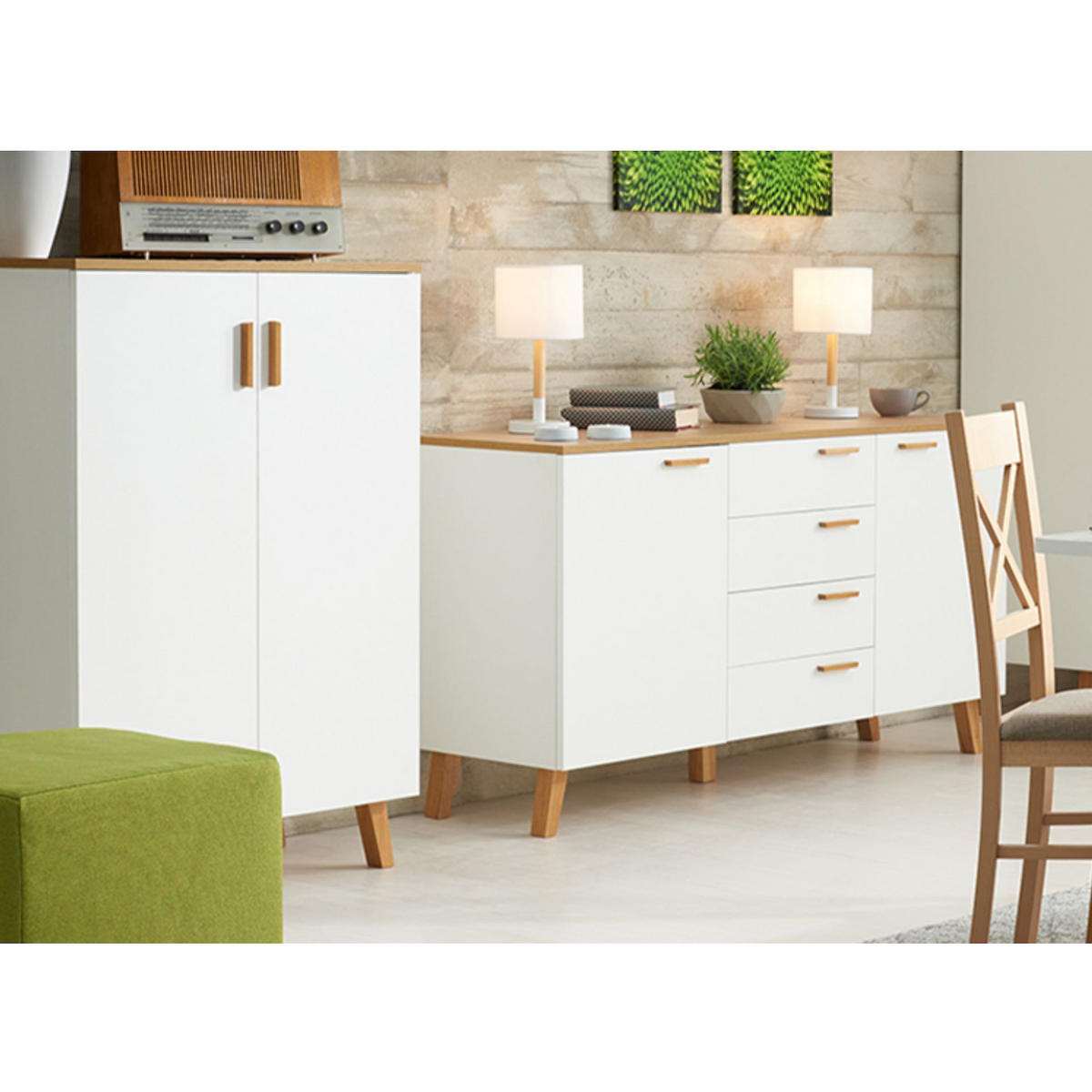 TÜRKOMMODE FRISK 2 Türen, weiß - Eichefarben/Weiß, Eichenholz/Holzwerkstoff (80/117/46cm) - KONSIMO®