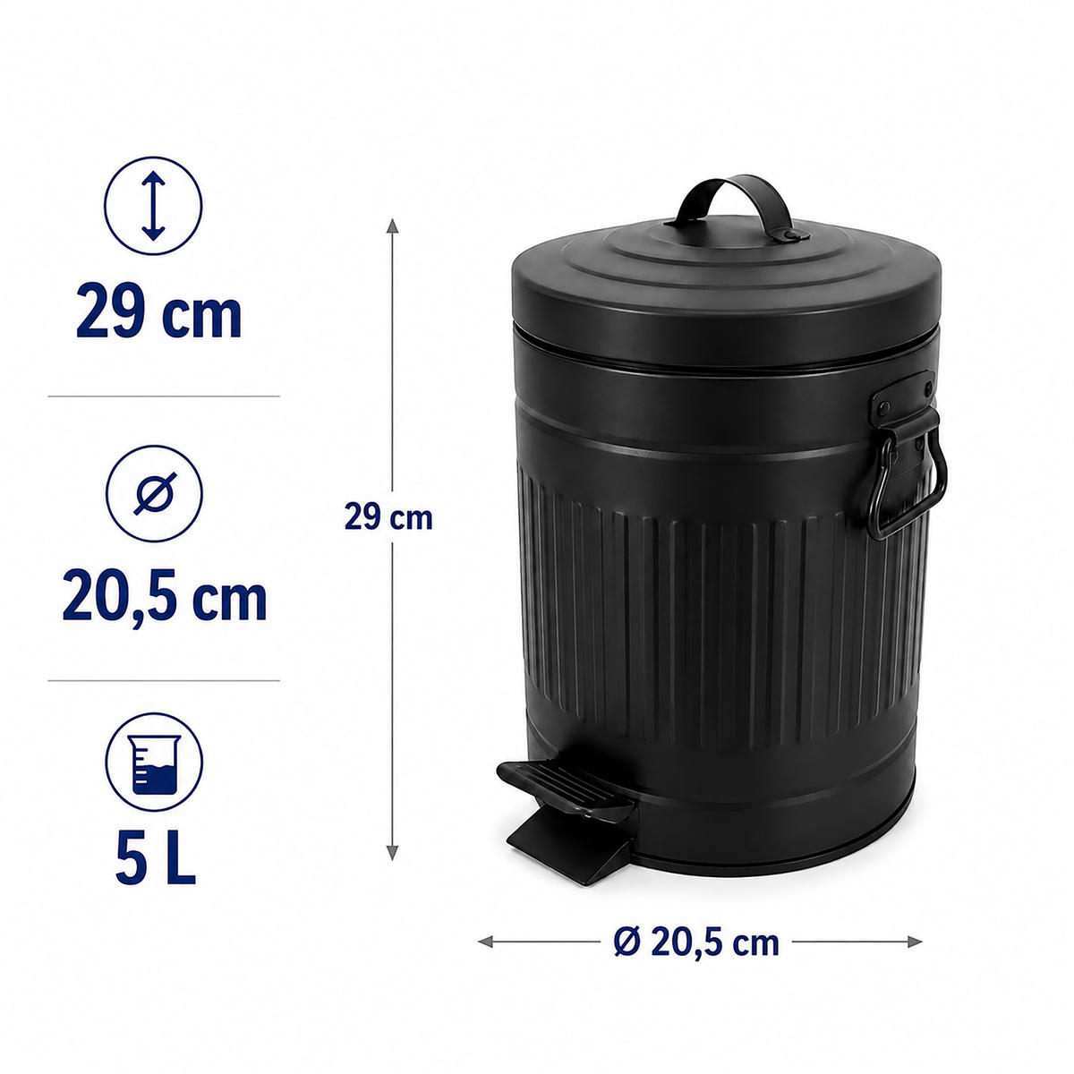 PUBELĂ Neagră 5 l cu pedală - negru, material plastic/metal (20.5/29/20.5cm) - Relaxdays