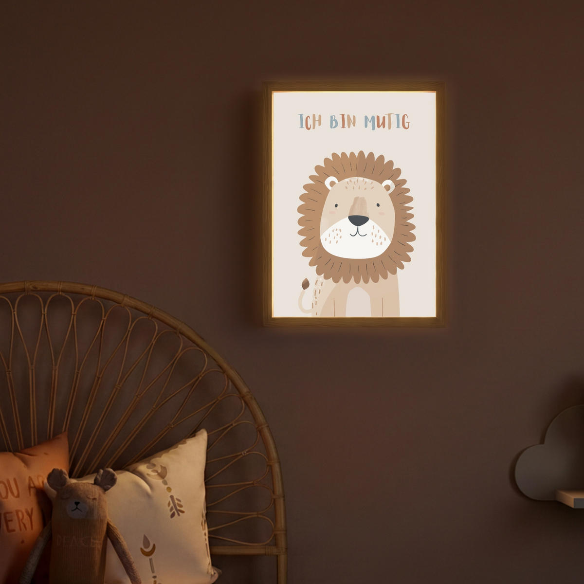 NACHTTISCHLAMPE MIT AKKU Löwe - Beige - Tier - Mutig - Zitat 30x40 cm - Beige, Holzwerkstoff (8/30/40cm) - OnlyWow