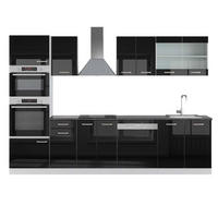 KÜCHENZEILE R-Line Schwarz Hochglanz/Weiß 300 cm mit Hochschrank AP Anthrazit - Schwarz Hochglanz/Schwarz, Holzwerkstoff (300/81.6/60cm) - Vicco