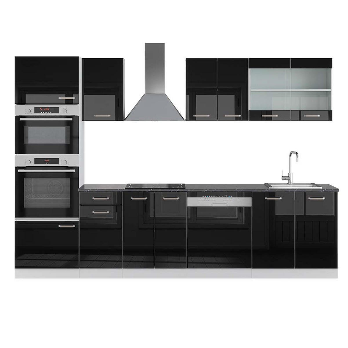 KÜCHENZEILE R-Line Schwarz Hochglanz/Weiß 300 cm mit Hochschrank AP Anthrazit - Schwarz Hochglanz/Schwarz, Holzwerkstoff (300/81.6/60cm) - Vicco