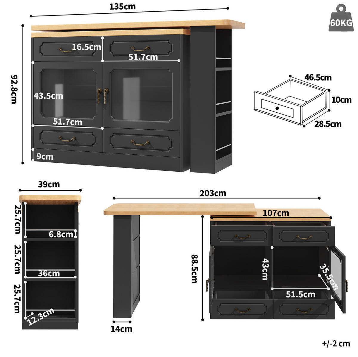 BARTISCH ausziehbar mit Stauraum 135-203 x 39 x 92,8 cm Schwarz - Schwarz, Holzwerkstoff (39/92.8/203cm) - Meubliv