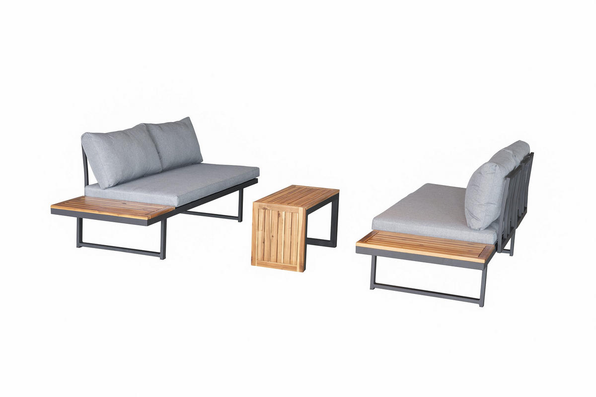 LOUNGESET 3tlg. Nairobi, Aluminium,Akazie - Anthrazit/Grau, Metall - dasmöbelwerk