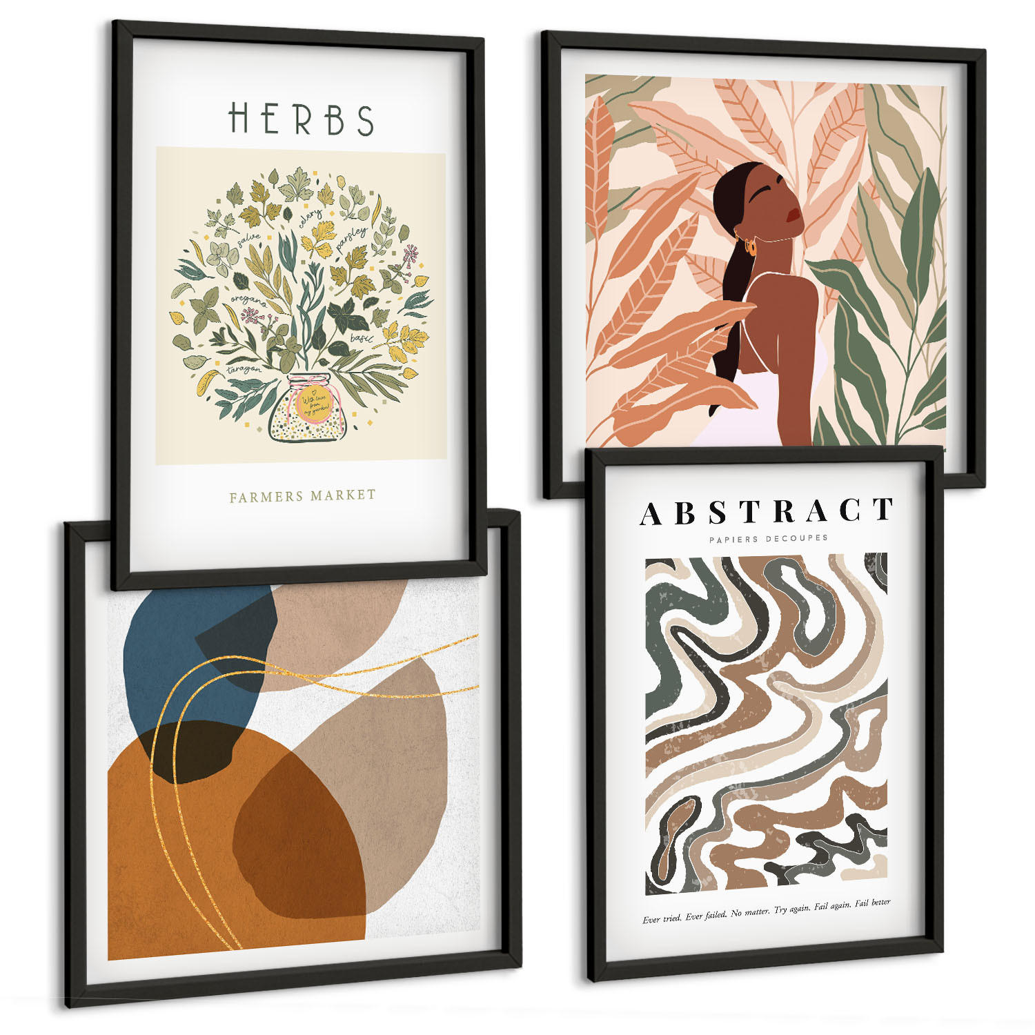 BILDER SET 4er Set - 50x50 cm & 40x60 cm Schwarzer Rahmen - Boho-Ästhetik, Pastellposter - Schwarz, Kunststoff (50/50cm) - TULUP