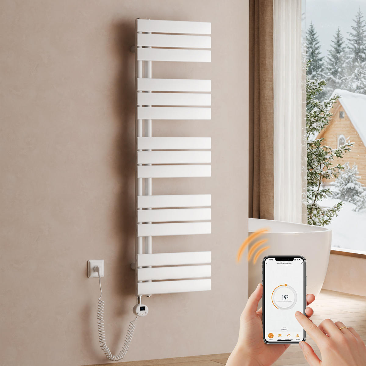 HANDTUCHHEIZKÖRPER 132/40 cm weiß elektrisch 600 W mit WLAN-Thermostat - Weiß, Metall (40/132/5.9cm) - S'AFIELINA