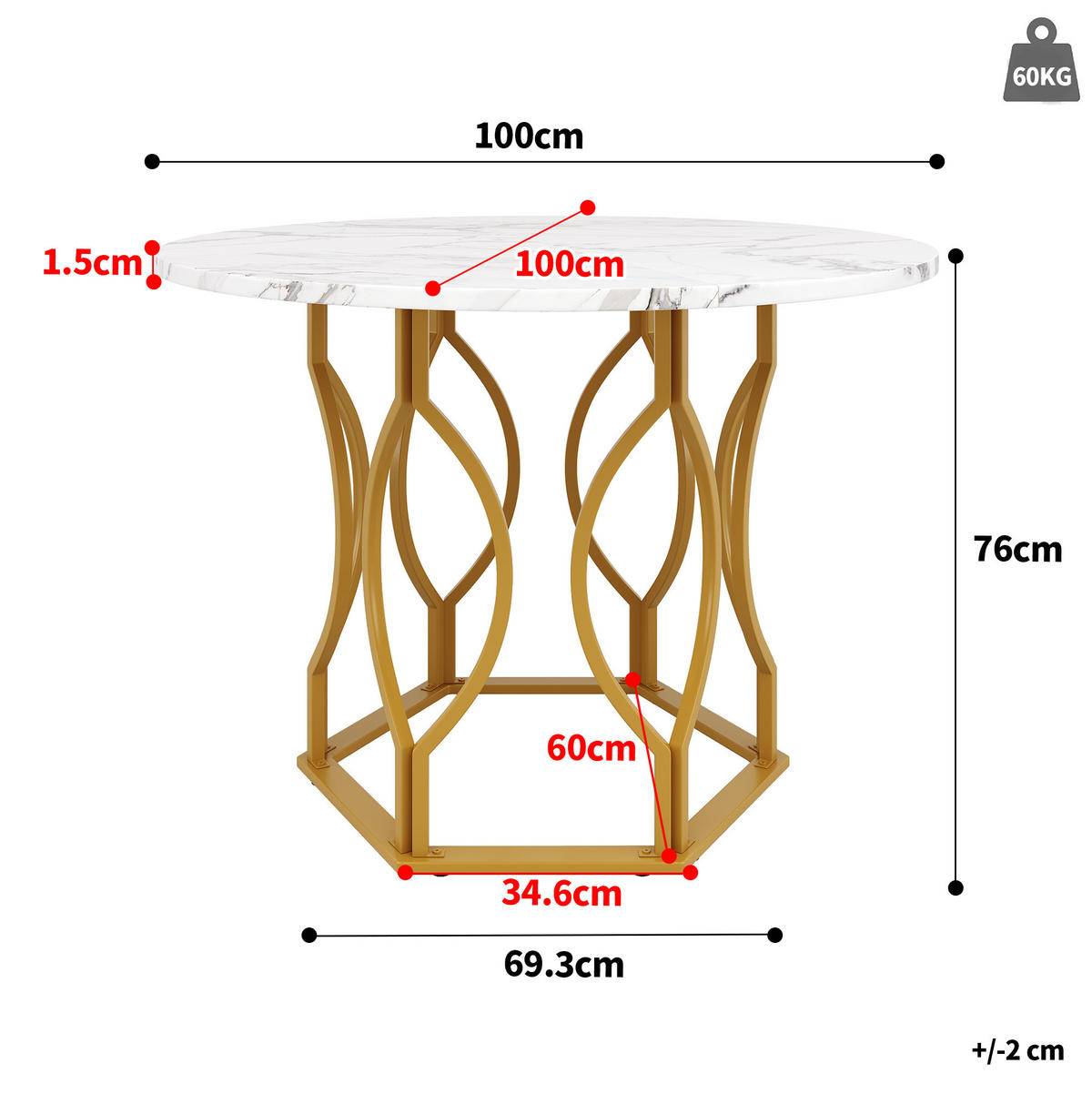 ESSTISCH 100/100/76 cm goldfarben weiß mit verstellbaren Fußgleitern aus MDF und Metall - Goldfarben, Holzwerkstoff (100/100/76cm) - OKWISH