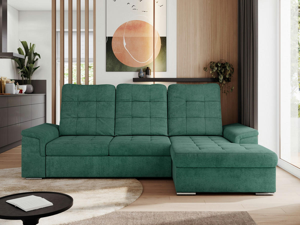ECKSOFA MADRITO L - Grün Struktur - Rechts - Silberfarben/Grün, Textil/Metall (256/160cm)