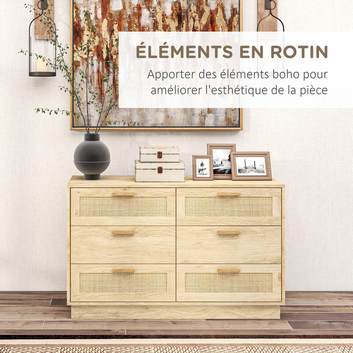 KOMOODE DE-12871 6 Schubladen mit Rattan, Boho-Design Eiche - Eichefarben, Holzwerkstoff (110/69/40cm) - ComfortXL