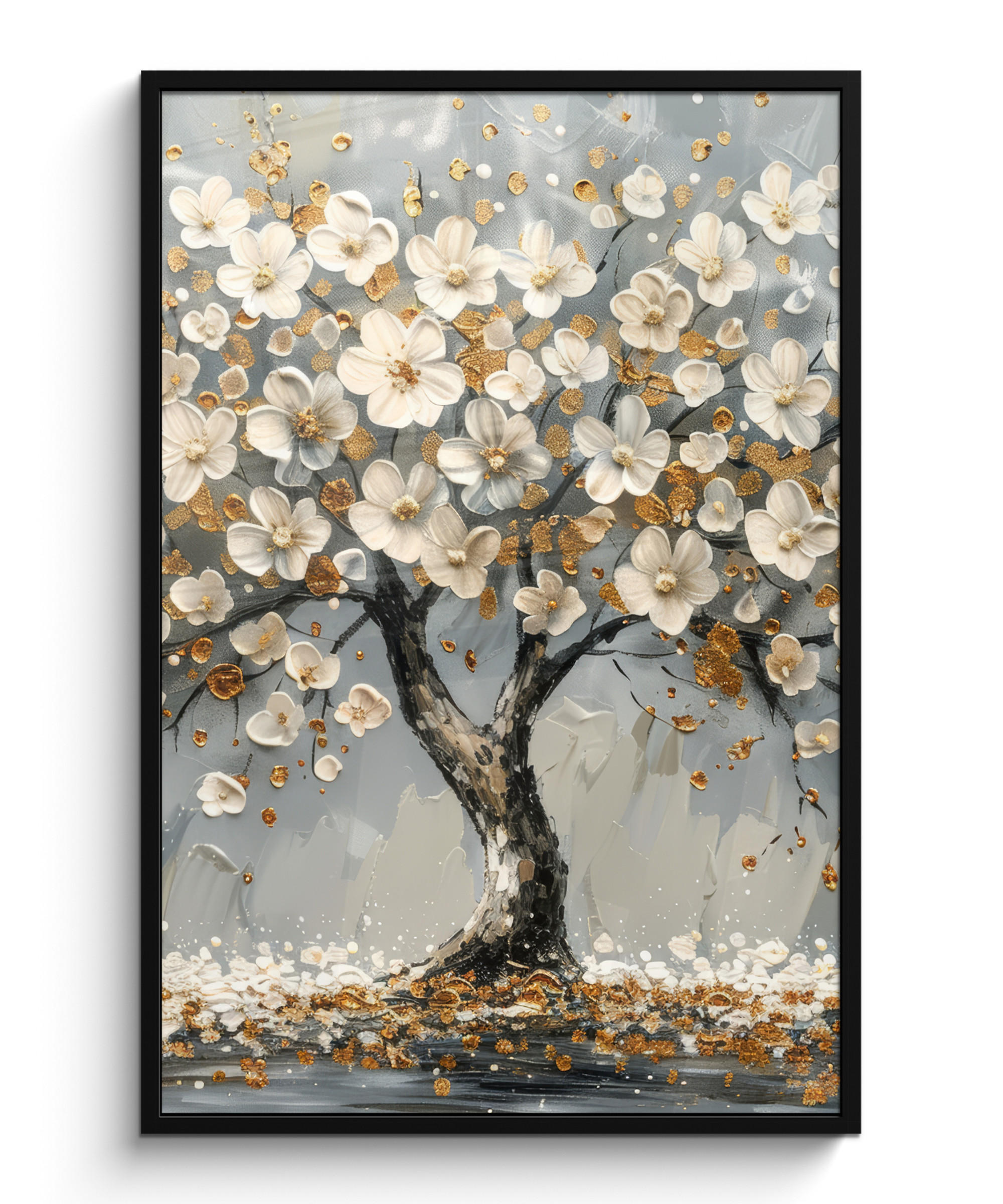 GERAHMTES BILD Baum - Blumen - Weiß - Natur - Kunst 80x120 cm - Weiß, Papier (80/120cm) - MuchoWow