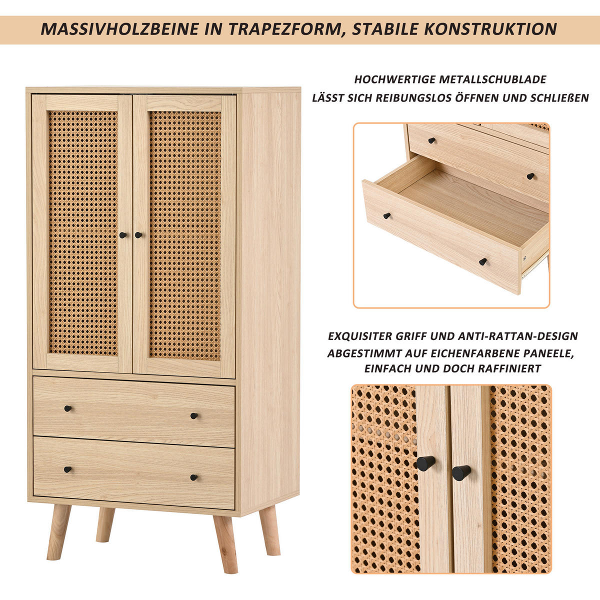 SIDEBOARD 60/40/120 cm Eiche aus Spanplatte mit Rattanfront - Eichefarben, Holzwerkstoff (40/120/60cm) - OKMYHOME