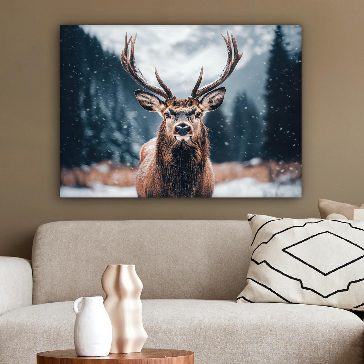 LEINWANDBILD Hirsche - Tiere - Landschaft - Winter - Schnee Wandbilder 80x60 cm - Kastanienfarben, Textil (80/60cm) - MuchoWow