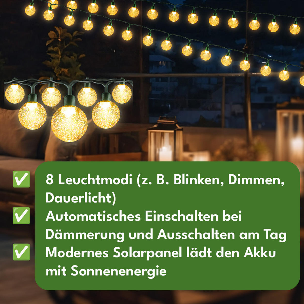 SOLAR-LICHTERKETTE Outdoor LED Gartenbeleuchtung 7m - Schwarz, Kunststoff (700/10/10cm) - KRUMAD