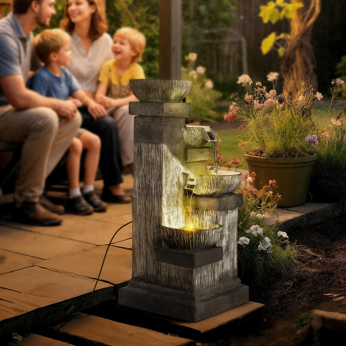 ZIERBRUNNEN DE-10204 4-stufiger Wasserfall mit LED-Beleuchtung Grau - Grau, Kunststoff (38/36/85cm) - ComfortXL