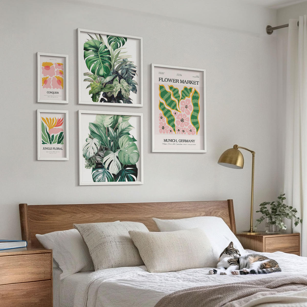 BILDER SET 5er Set - 50x50 cm & 20x30 cm & 40x60 cm Weißer Rahmen - Blumen und Blätter – moderne Poster - Weiß, Kunststoff (40/60cm) - TULUP