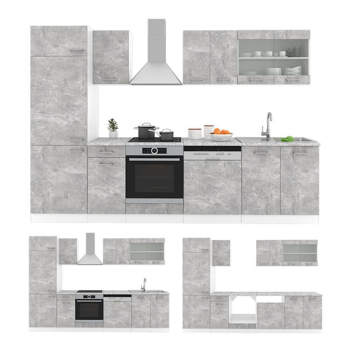 KITCHENETTE R-Line Beton/Alb 300 cm , AP Stejar - alb/gri, compozit lemnos (300/206.8/60cm) - Vicco