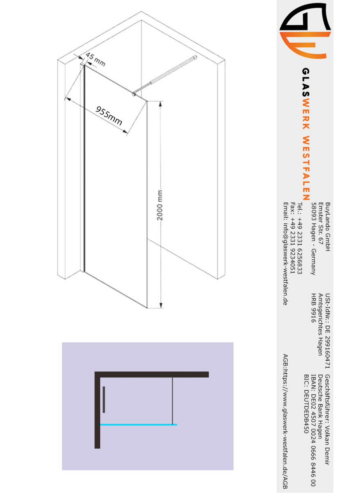 WALK-IN-DUSCHWAND 100 × 200 cm – ESG-Sicherheitsglas – Gold - Goldfarben, Glas (10/100/200cm) -  Glaswerk Westfalen