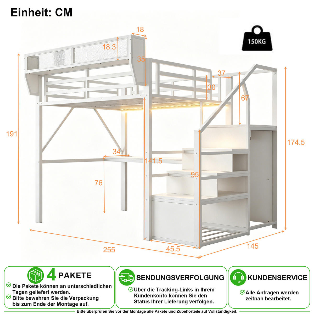 HOCHBETT 140/200 cm in Weiß mit LED, Schreibtisch, Leiter und Stauraum - Weiß, Holzwerkstoff/Metall (140/200cm) - CHICFURN