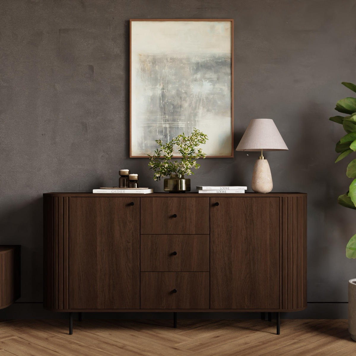 KOMMODE Olivia 165cm, mit 2 Türen, 3 Schubladen und geriffeltem Design, dunkelgrau - Dunkelgrau, Metall (165/85/43cm) - Margaret Hadas24