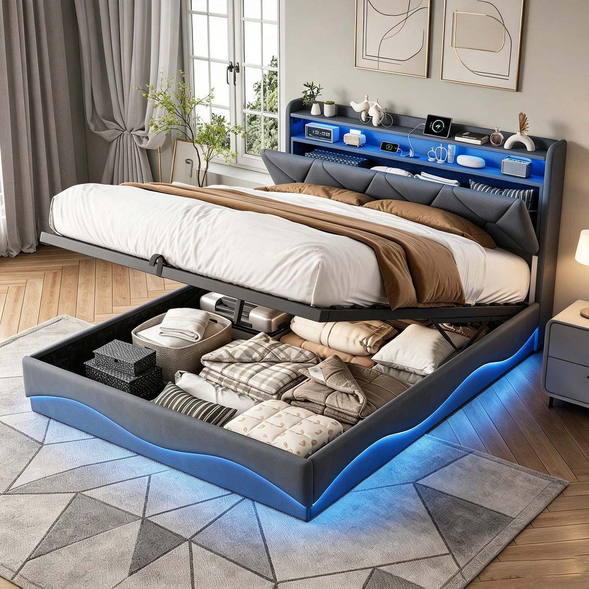 POLSTERBETT 160 x 200, Doppelbett mit Bettkasten und Lattenrost, Kopfteil, LED, USB, Samt, grau - Grau, Holzwerkstoff/Textil (160/200cm) - GENKI LIVING
