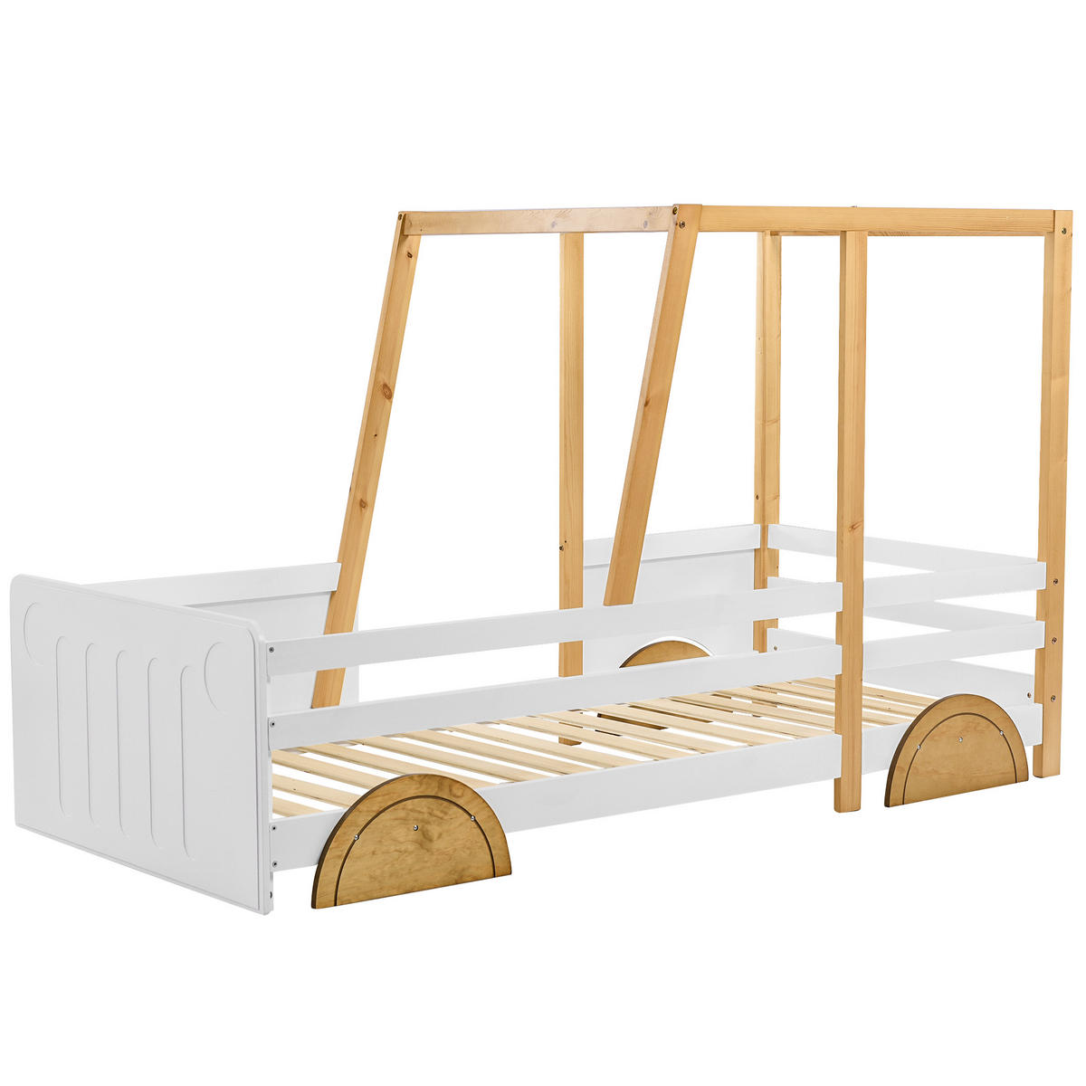 KINDERBETT 90/200 cm in Weiß & Natur mit Rädern und Schutzzaun - Weiß/Naturfarben, Holz/Holzwerkstoff (90/200cm) - WISHDOR