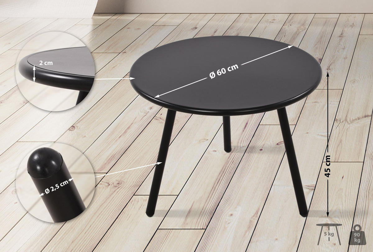 COUCHTISCH rund 60 cm Kunststoff schwarz - Schwarz, Kunststoff/Metall (60/60/45cm) - CLP