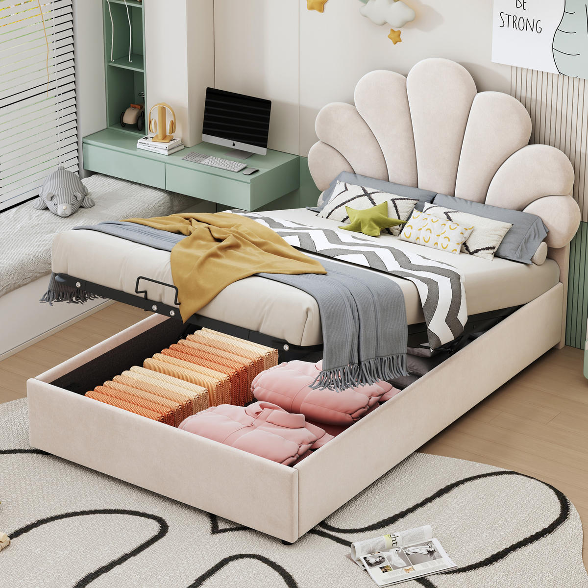 KINDERBETT 90/200 cm Beige mit Samtbezug höhenverstellbarem Kopfteil und hydraulischem Stauraum - Beige, Textil (90/200cm) - OKWISH