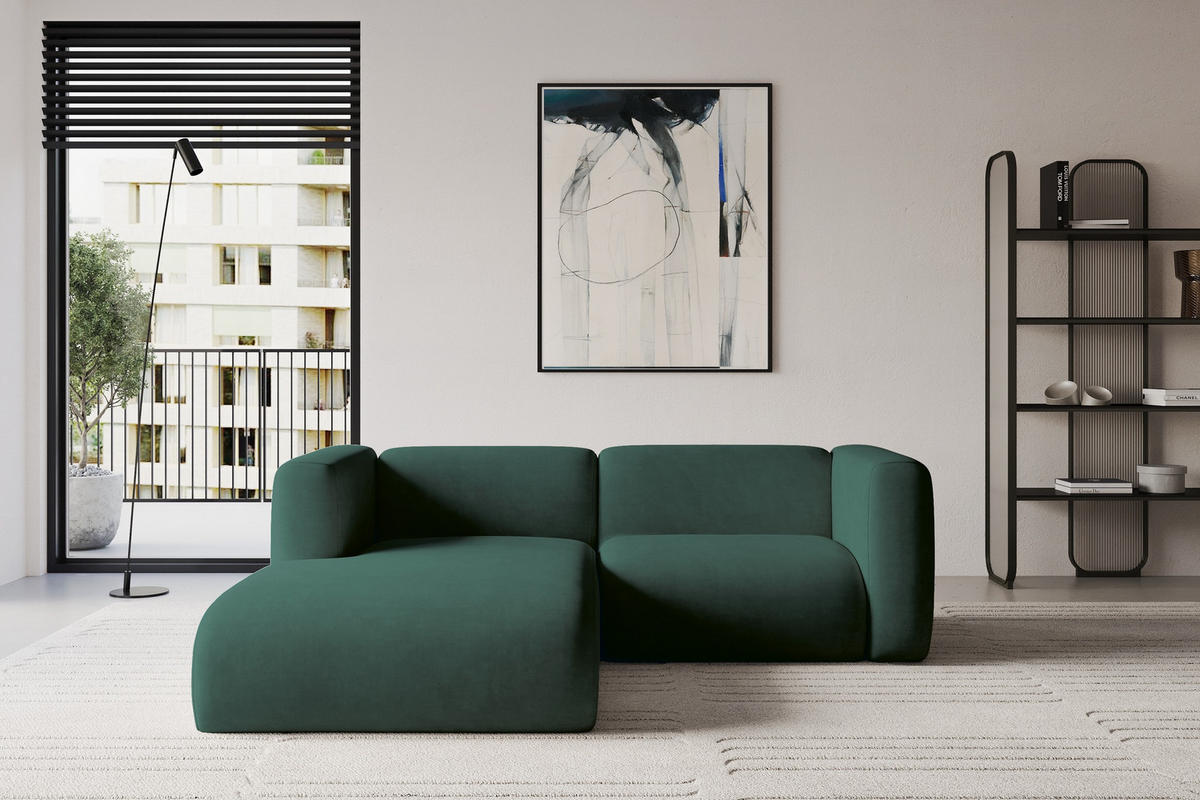 ECKSOFA Ottomane Links MIRA-L1 227x179x89 Grün Velours - Dunkelgrün/Schwarz, Holzwerkstoff/Kunststoff (227/179cm) - ALTDECOR