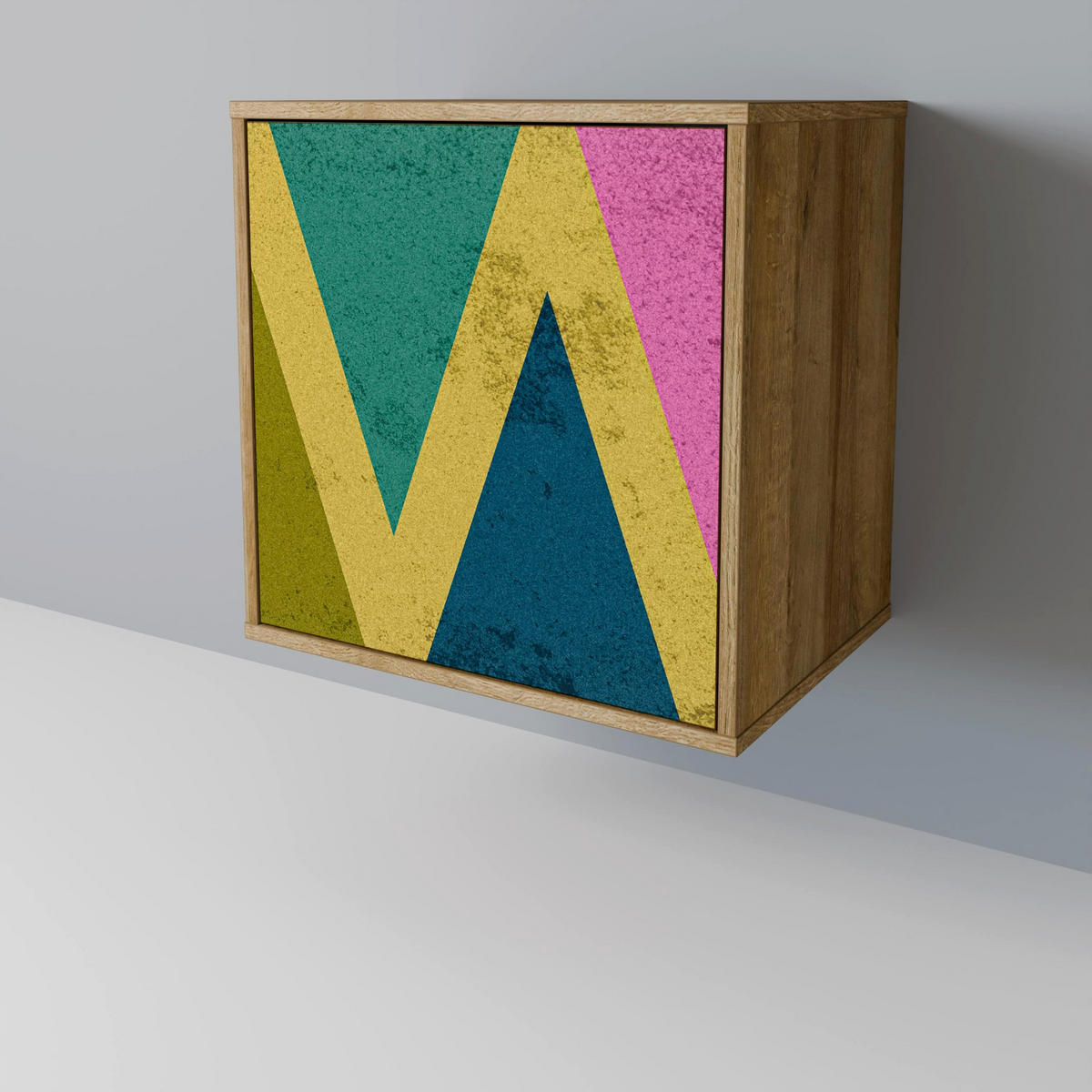SIDEBOARD COLORFUL TRIANGLES, Eichefarben, 57,5x42x72,5 cm, Schwarze Metallfüße - Eichefarben/Multicolor, Holzwerkstoff/Metall (57.5/72.5/42cm) - SpaceRebels