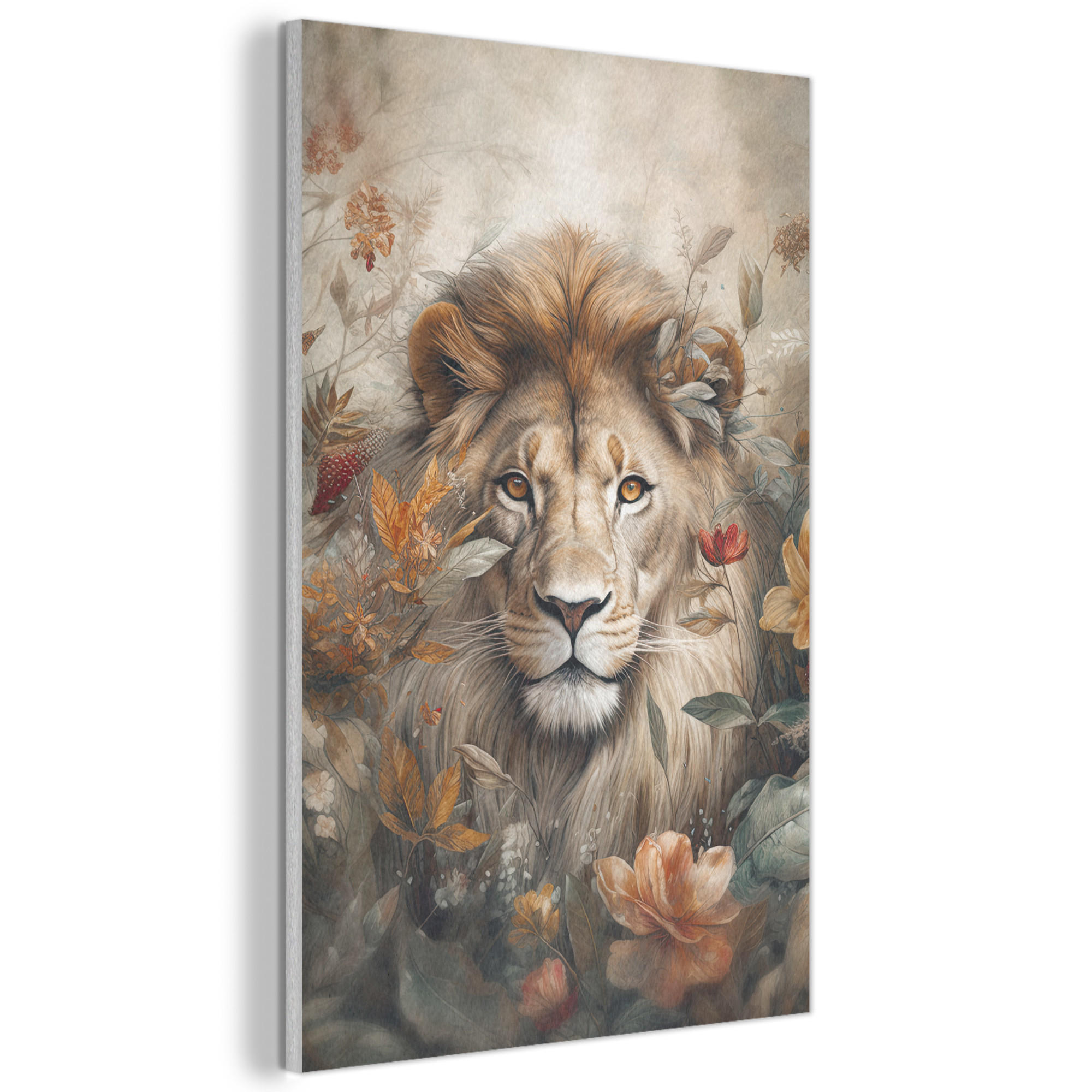 AKUSTIKBILD Löwe - Wildtiere - Pflanzen - Natur - Blumen Wanddeko 60x90 cm - Beige, Kunststoff (60/90/0.9cm) - MuchoWow