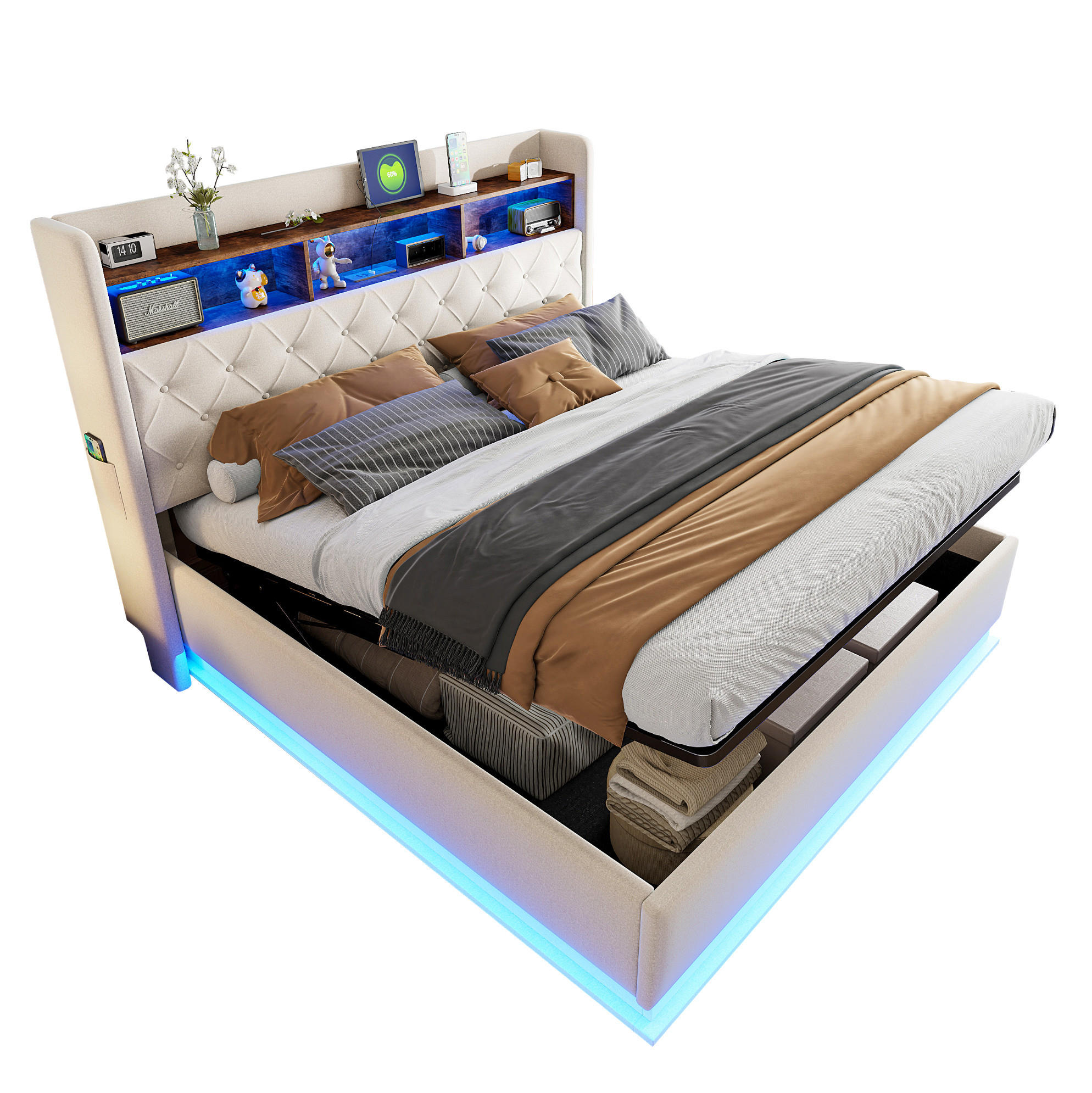 Modfu ČALOUNĚNÁ postel z látky 180x200 cm béžová s USB portem, LED osvětlením a hydraulickým úložným prostorem